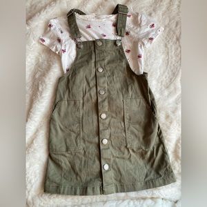 Girls 2 Piece Olive Overall Skirt Dress with Flower Pattern Shirt